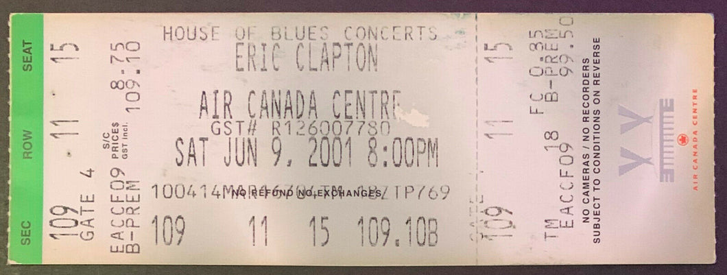 2001 Eric Clapton Concert Ticket ACC Canada House Of Blues Vintage