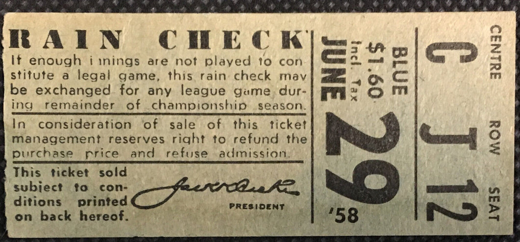 1958 Toronto Maple Leafs Baseball Ticket Stub Vintage International League IL