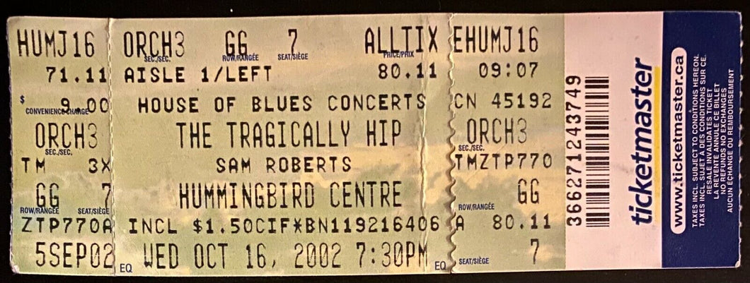 2002 Tragically Hip Unused Concert Ticket Music Toronto Hummingbird Centre