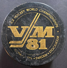 Load image into Gallery viewer, 1981 Vintage IIHF World Hockey Championship Sweden Game Used Jofa Puck
