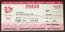 Load image into Gallery viewer, 1998 Nagano Winter Olympic Games Press Ticket Ice Hockey Final Round USA Wins
