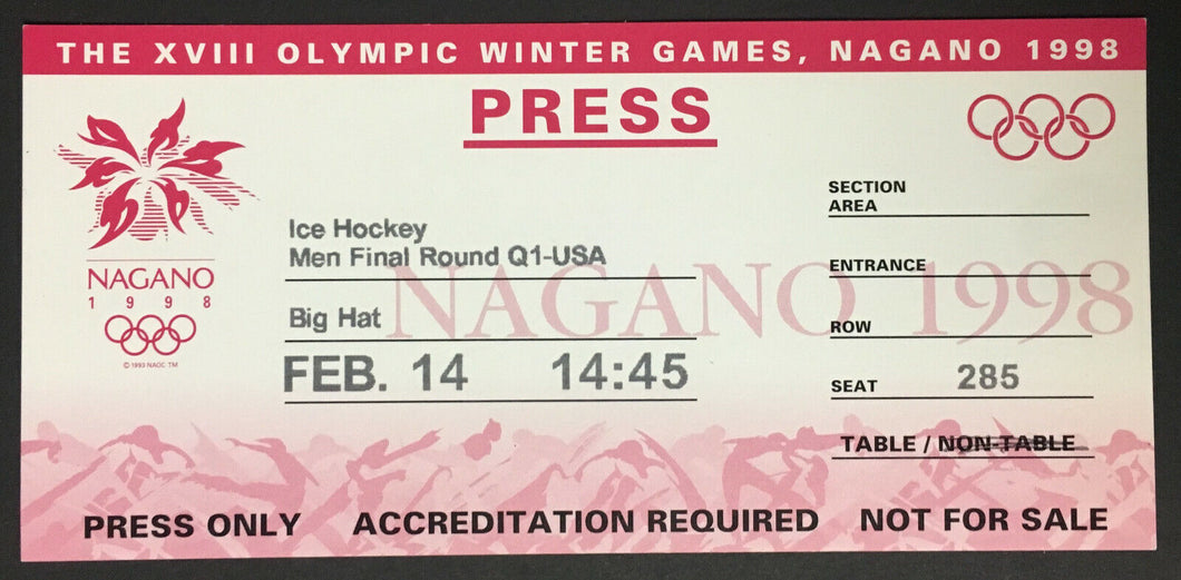 1998 Nagano Winter Olympic Games Press Ticket Ice Hockey Final Round USA Wins