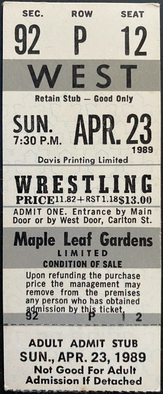 1989 Maple Leaf Gardens Wrestling Ticket WWF Toronto Mr. Perfect vs Brett Hart