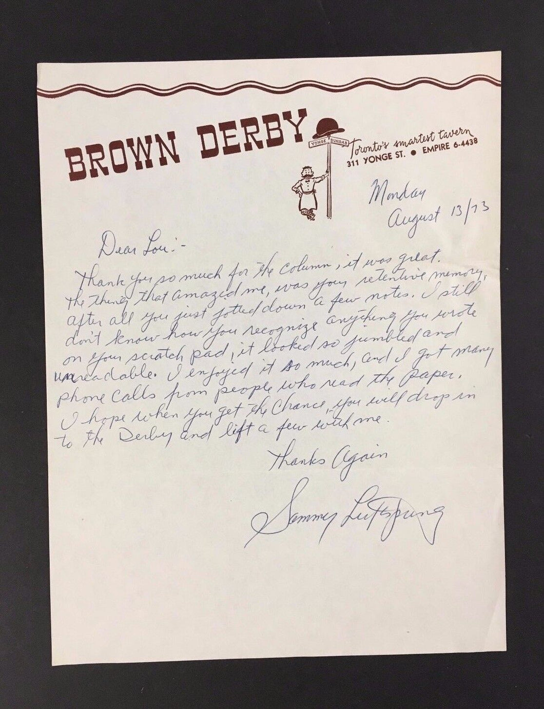 Canadian Boxing Sammy Luftspring Signed Letter Autograph Brown Derby Toronto VTG