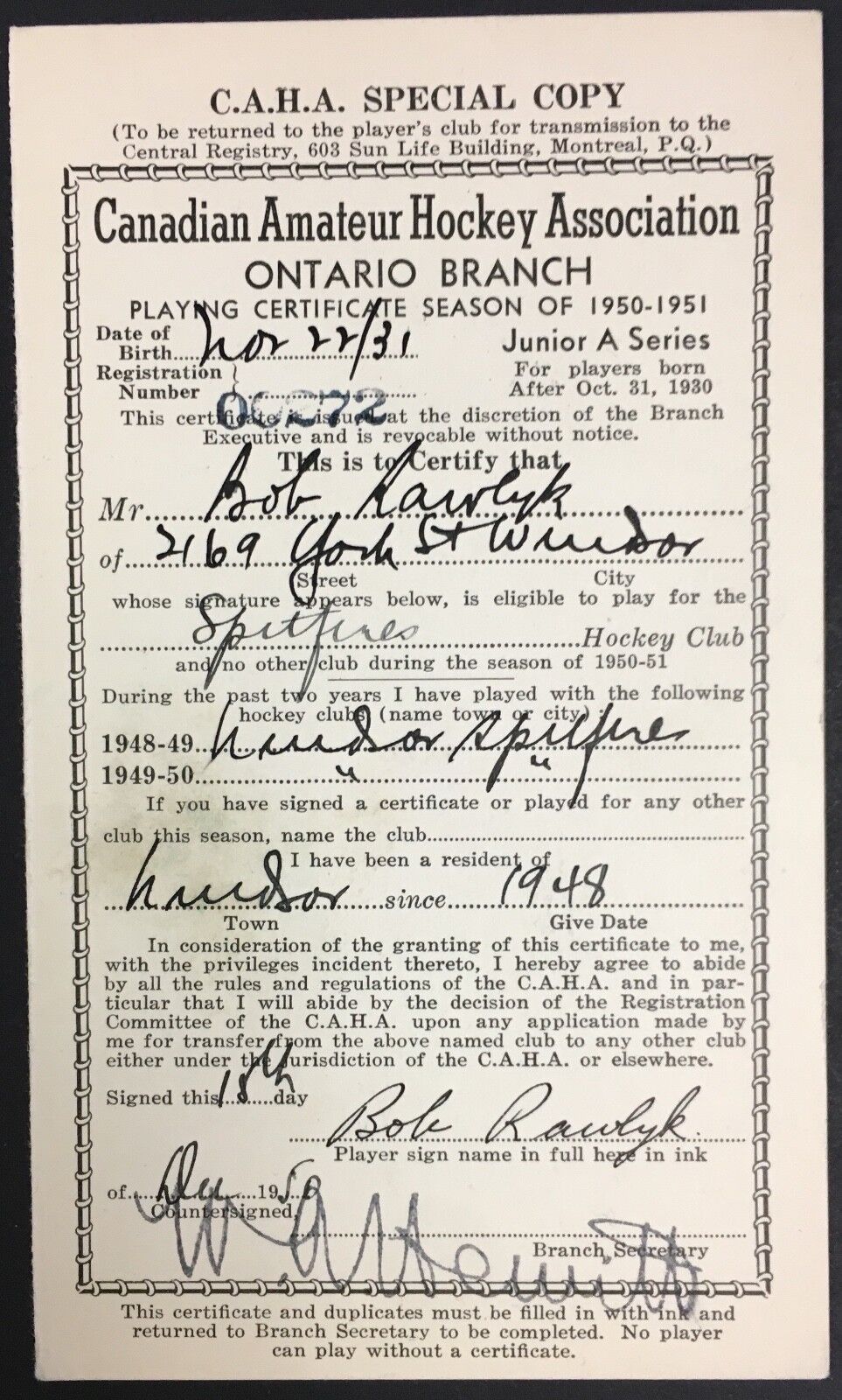 1950 Windsor Spitfires OHA Players Certificate CAHA Canadian Amateur Hockey
