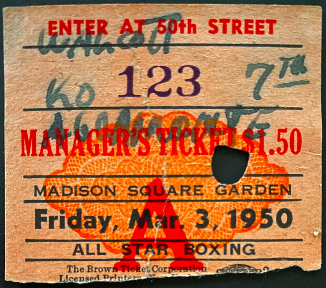 1950 Madison Square Garden Jersey Joe Walcott TKO Omelio Agramonte Ticket Boxing