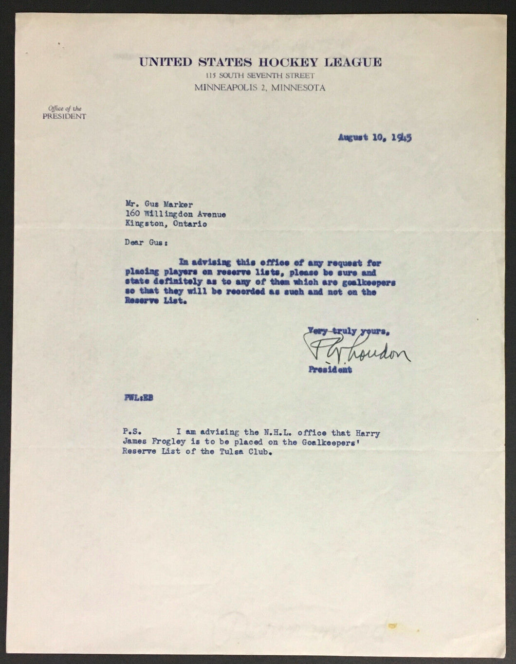 1945 United States Hockey League Letter To Gus Marker From League President