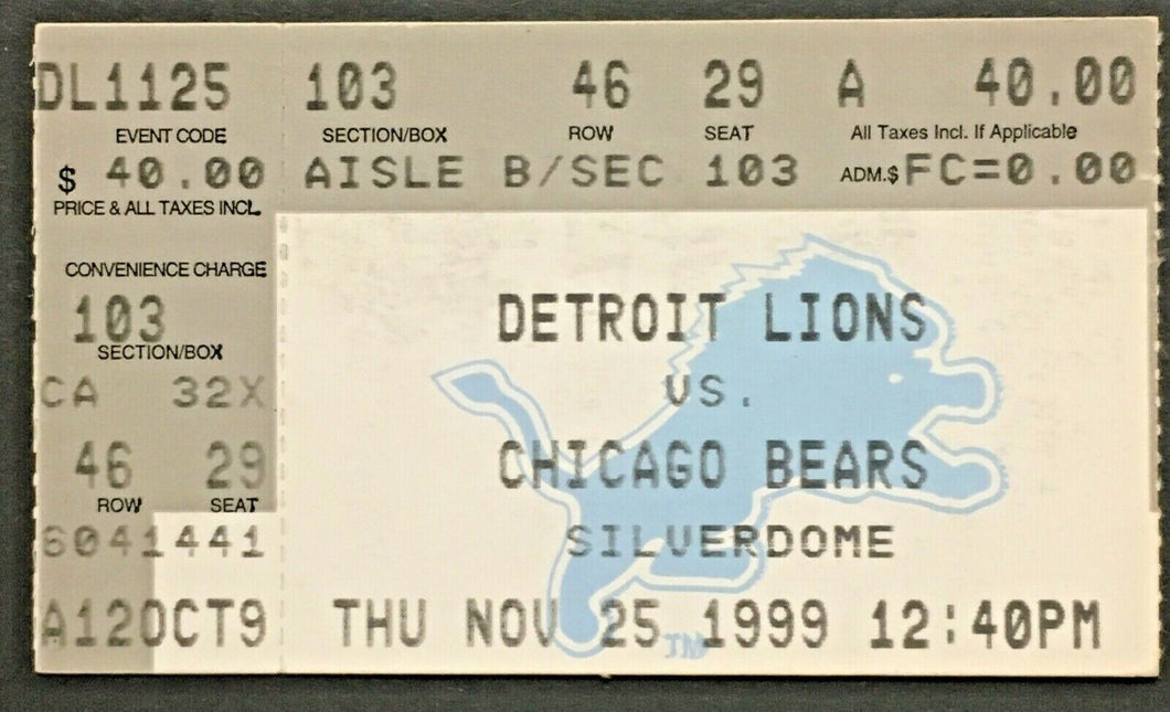 1999 NFL Football Ticket Thanksgiving Detroit Lions v Chicago Bears Silverdome