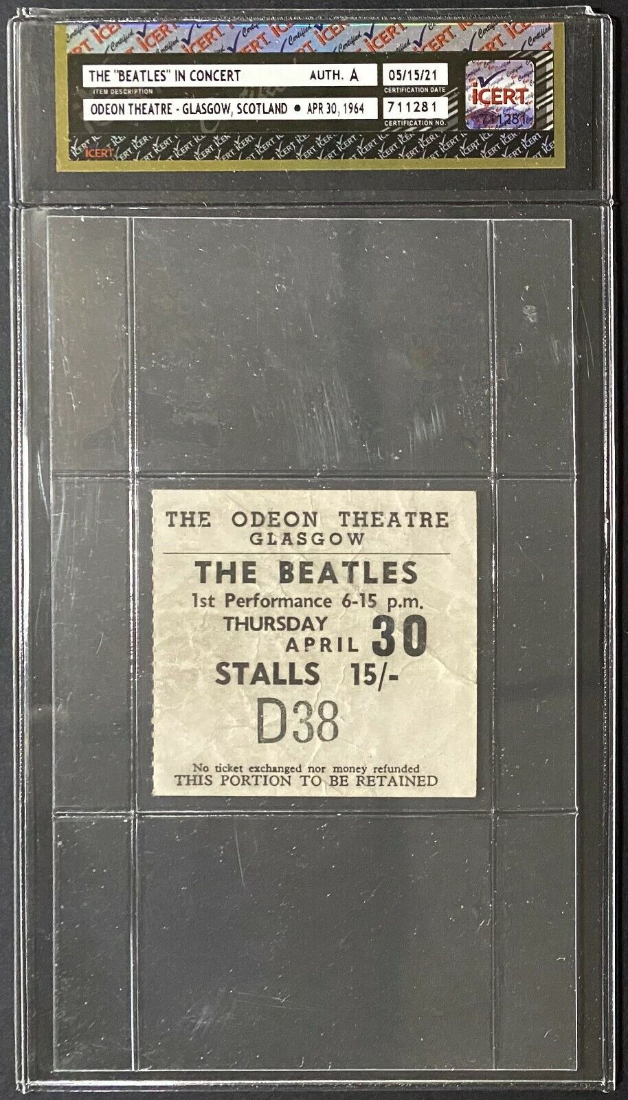 1964 Vintage Beatles Concert Ticket Stub Glasgow Odeon Scotland Authenticated