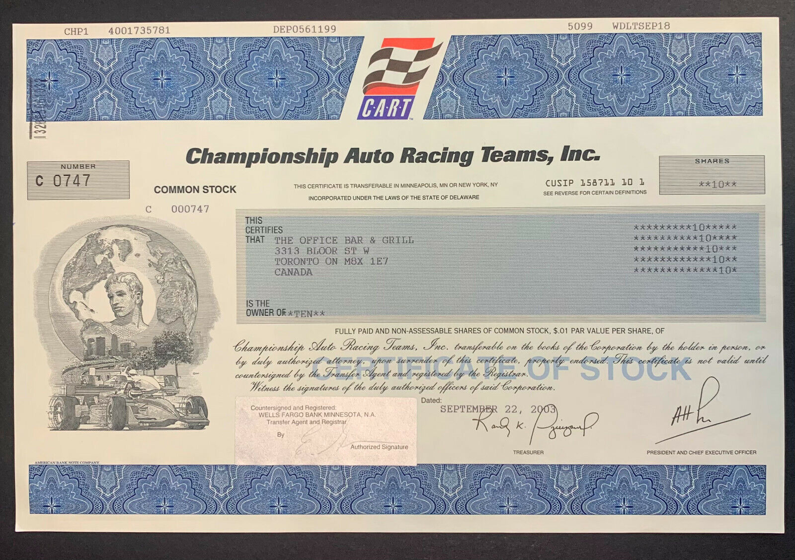 2003 Stock Certificate Championship Auto Racing Teams Inc Checkered Fl ...