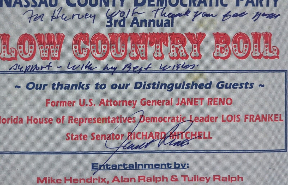 2000s Janet Reno Former U.S. A.G. Autographed Placemat Signed Democrat ...