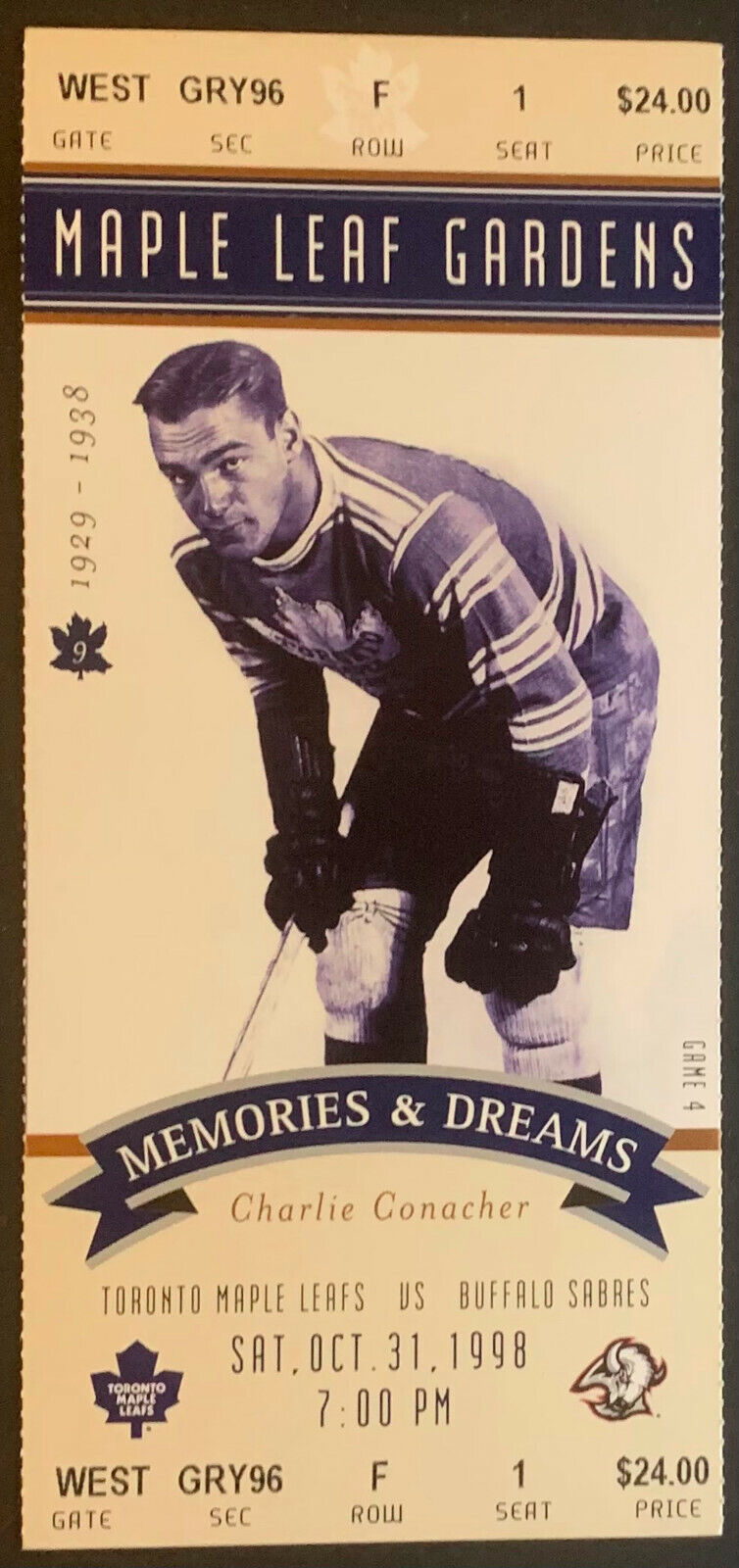 1998 Memories & Dreams Maple Leaf Gardens NHL Full Ticket Charlie Conacher