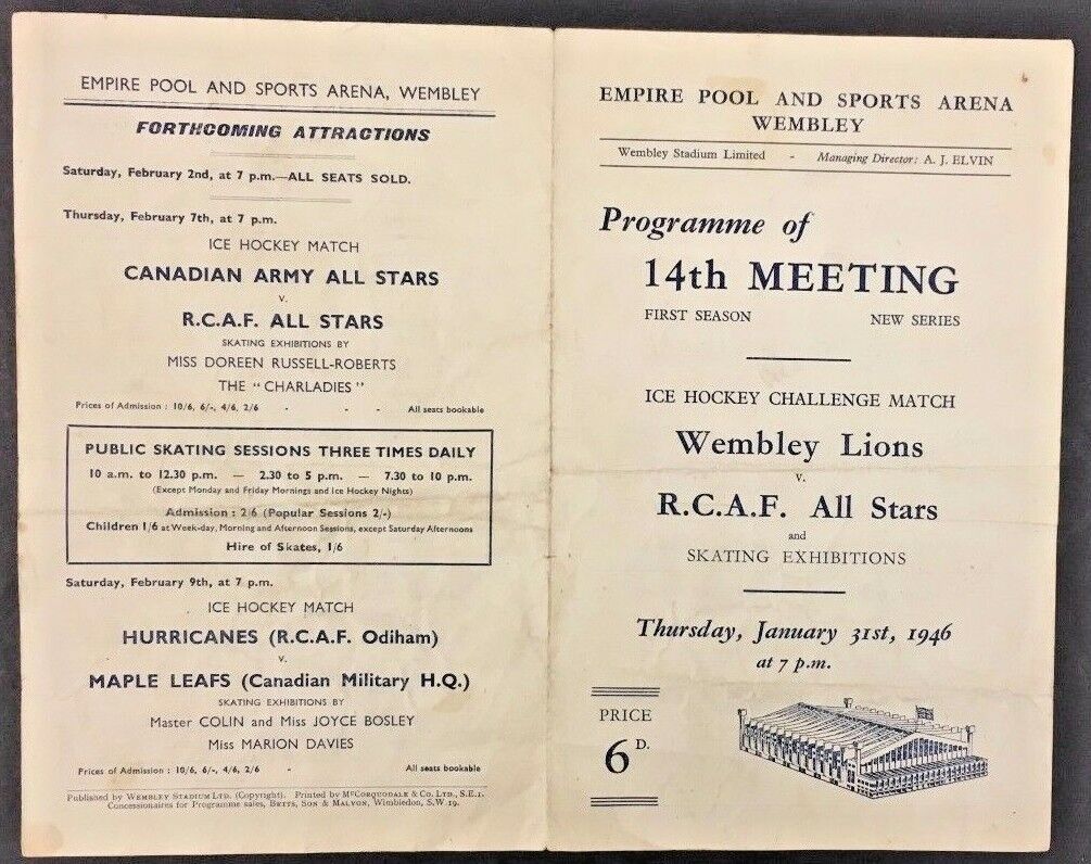 1946 Hockey Game Wembley Arena Lions vs RCAF All Stars Lineup Paper NHL Players