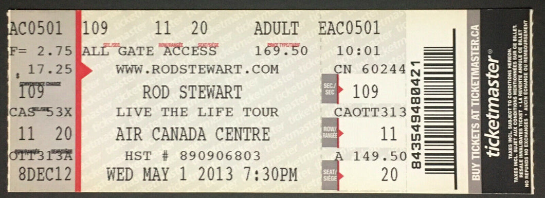 2013 Rod Stewart Live The Life Tour Concert Ticket Air Canada Center Toronto