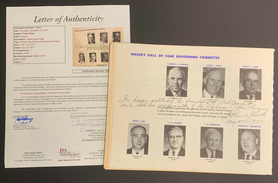 1971-72 Frank Selke Signed + Inscribed NHL Hockey Hall Of Fame Yearbook JSA LOA