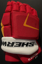 Load image into Gallery viewer, 2022 Matthew Tkachuk Game Worn Sherwood Code V Hockey Gloves Calgary Flames NHL
