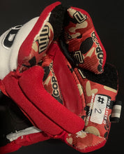 Load image into Gallery viewer, 2022 Matthew Tkachuk Game Worn Sherwood Code V Hockey Gloves Calgary Flames NHL
