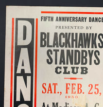 Load image into Gallery viewer, 1950 Chicago Blackhawks Standbys Fan Club Broadside 5th Anniversary Dance
