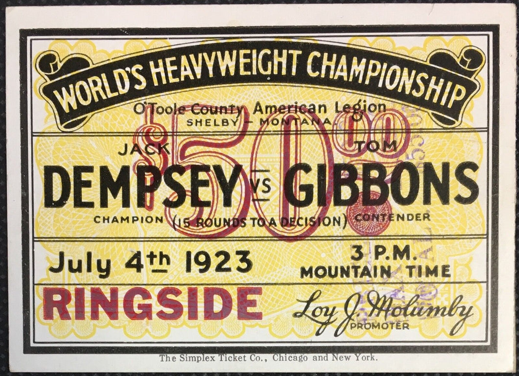 1923 World's Heavyweight Championship Boxing Ticket Dempsey vs Gibbons 15 Rounds