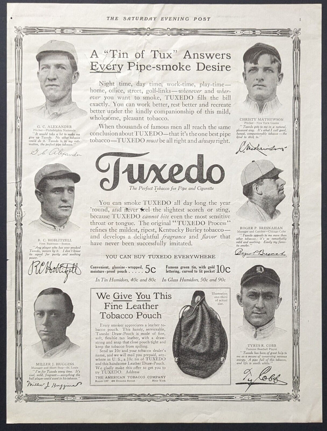 1915 Tuxedo Tobacco Ad Featuring 5 Baseball Hall of Famers MLB Vintage Ty Cobb