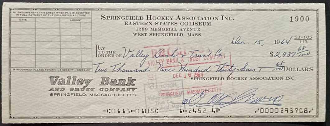 1964 NHL Hockey Bruins HOFer Eddie Shore Signed Cheque Autographed Check LOA