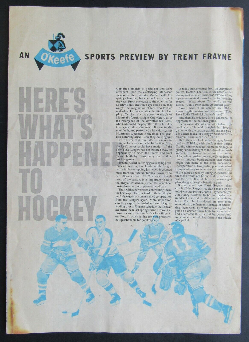 1959 NHL Sheet Insert - Toronto Telegram, TV Weekly Promotion Of O'Keefe Brewery