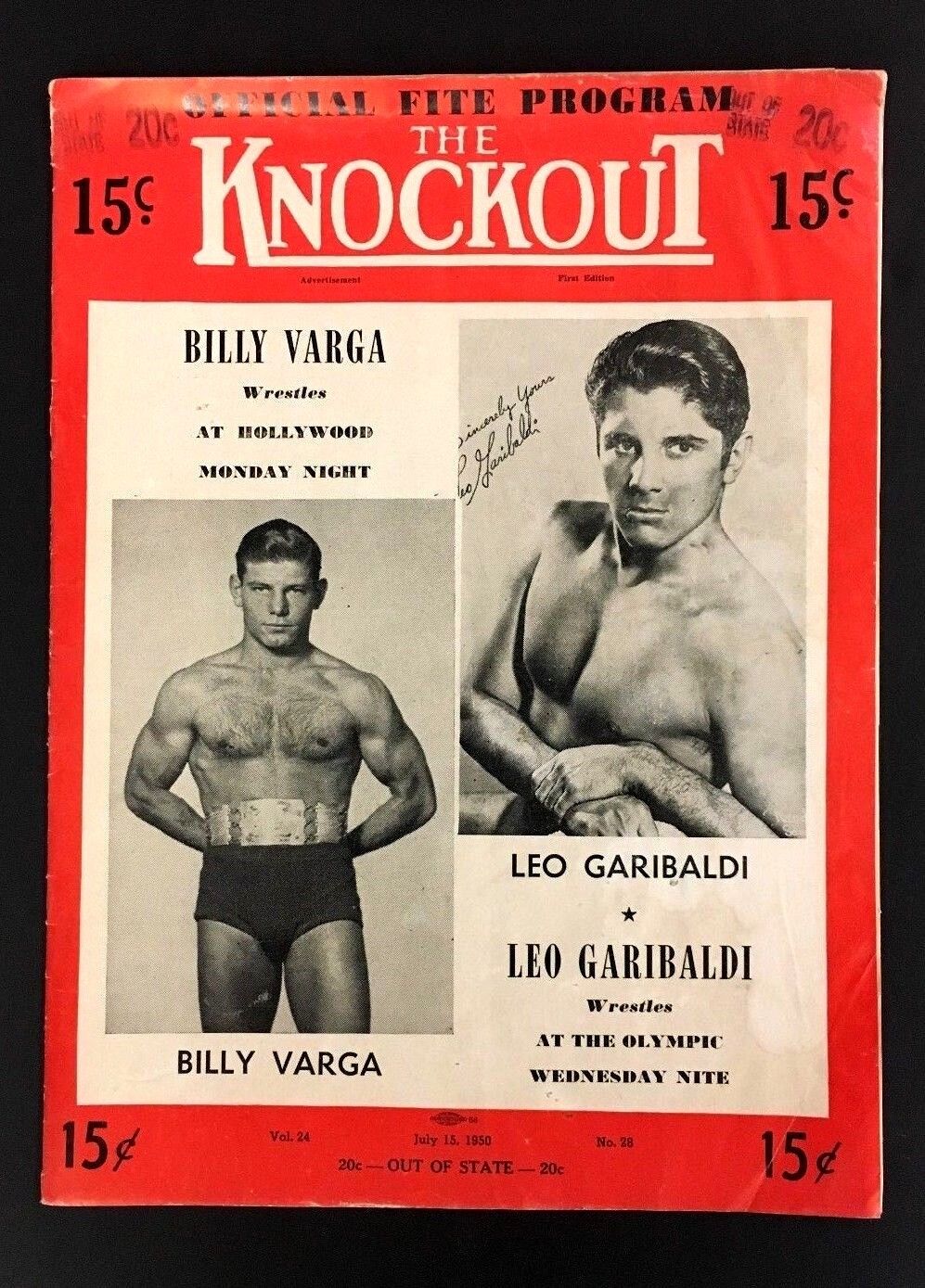 1950 The Knockout Official Fite Program Billy Varga Leo Garibaldi