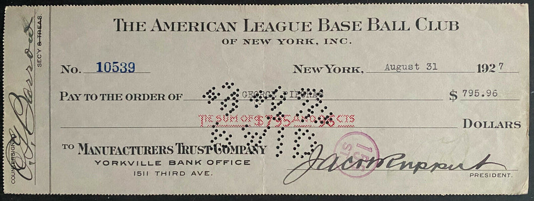 1927 Jacob Ruppert + Ed Barrow Signed NY Yankees Check Autographed Cheque JSA