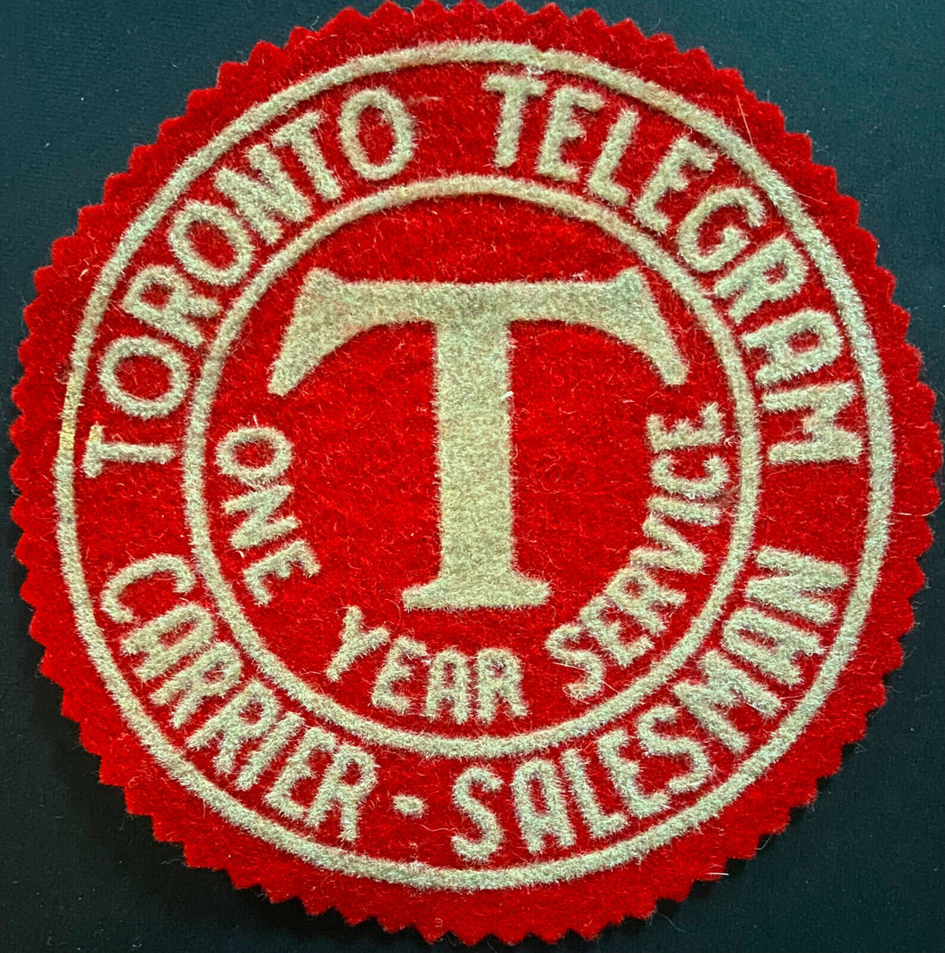 c1950's Toronto Telegram Newspaper Carrier Cloth Patch One Year Service Crest