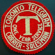 c1950's Toronto Telegram Newspaper Carrier Cloth Patch One Year Service Crest