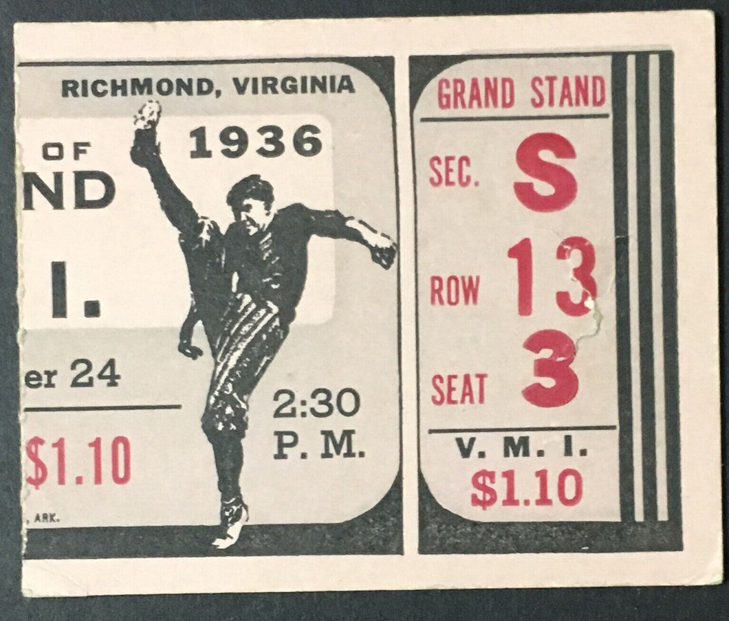 1936 Virginia Military Institute Keydets Football Ticket Richmond Vintage USA