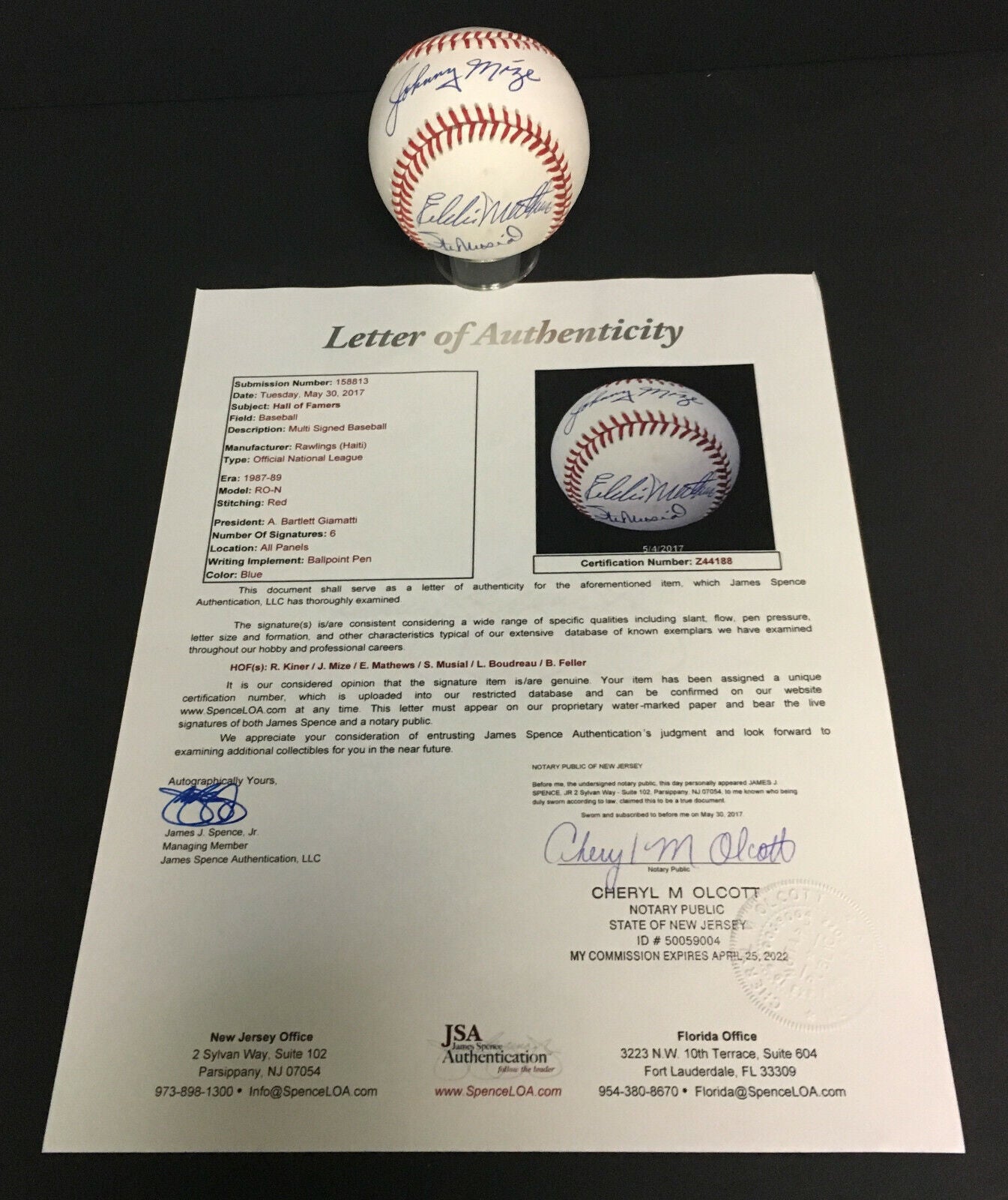 Johnny Mize and Ralph Kiner Autographed/Signed purchases Baseball JSA