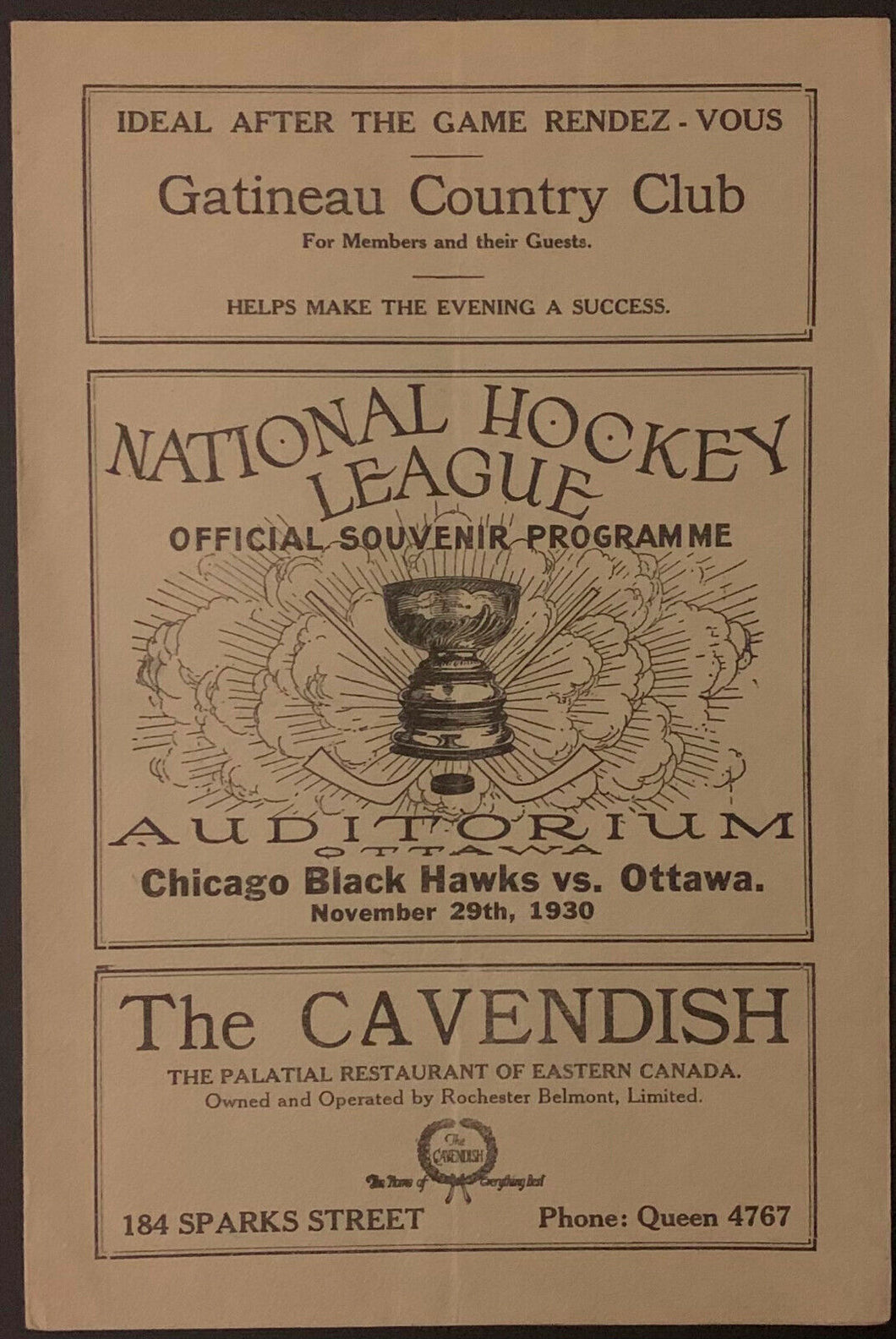 1930 Ottawa Auditorium NHL Hockey Scorecard Program Senators vs Blackhawks