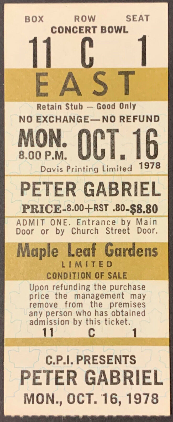 1978 Maple Leaf Gardens Peter Gabriel Concert Ticket Crease Free Vintage Music