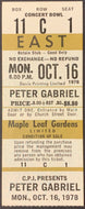 1978 Maple Leaf Gardens Peter Gabriel Concert Ticket Crease Free Vintage Music