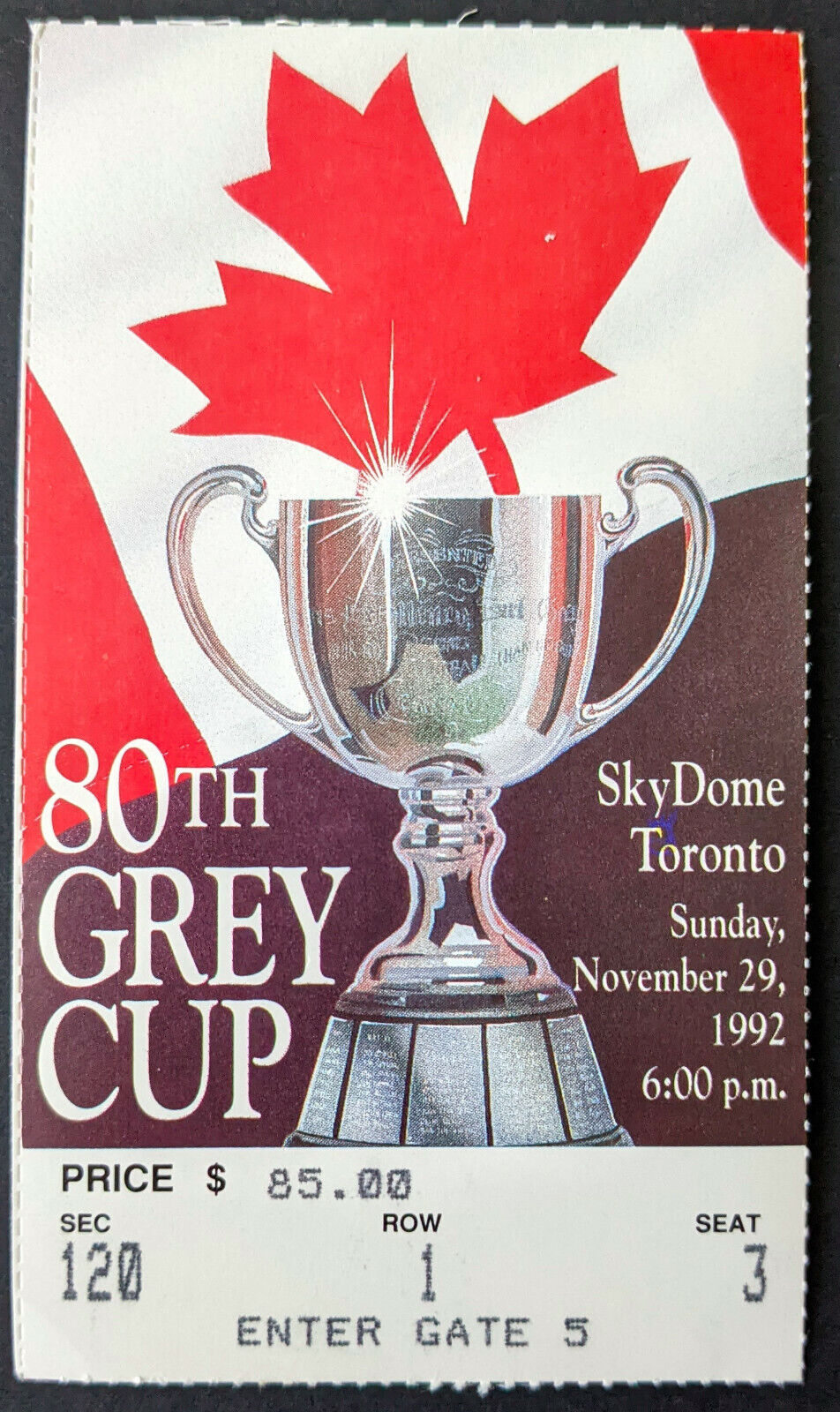 1992 CFL Grey Cup Ticket SkyDome Winnipeg Blue Bombers vs Calgary Stampeders