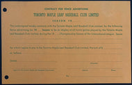 1950s Toronto Maple Leaf Baseball Club Order Form Outfield Fencing Advertising
