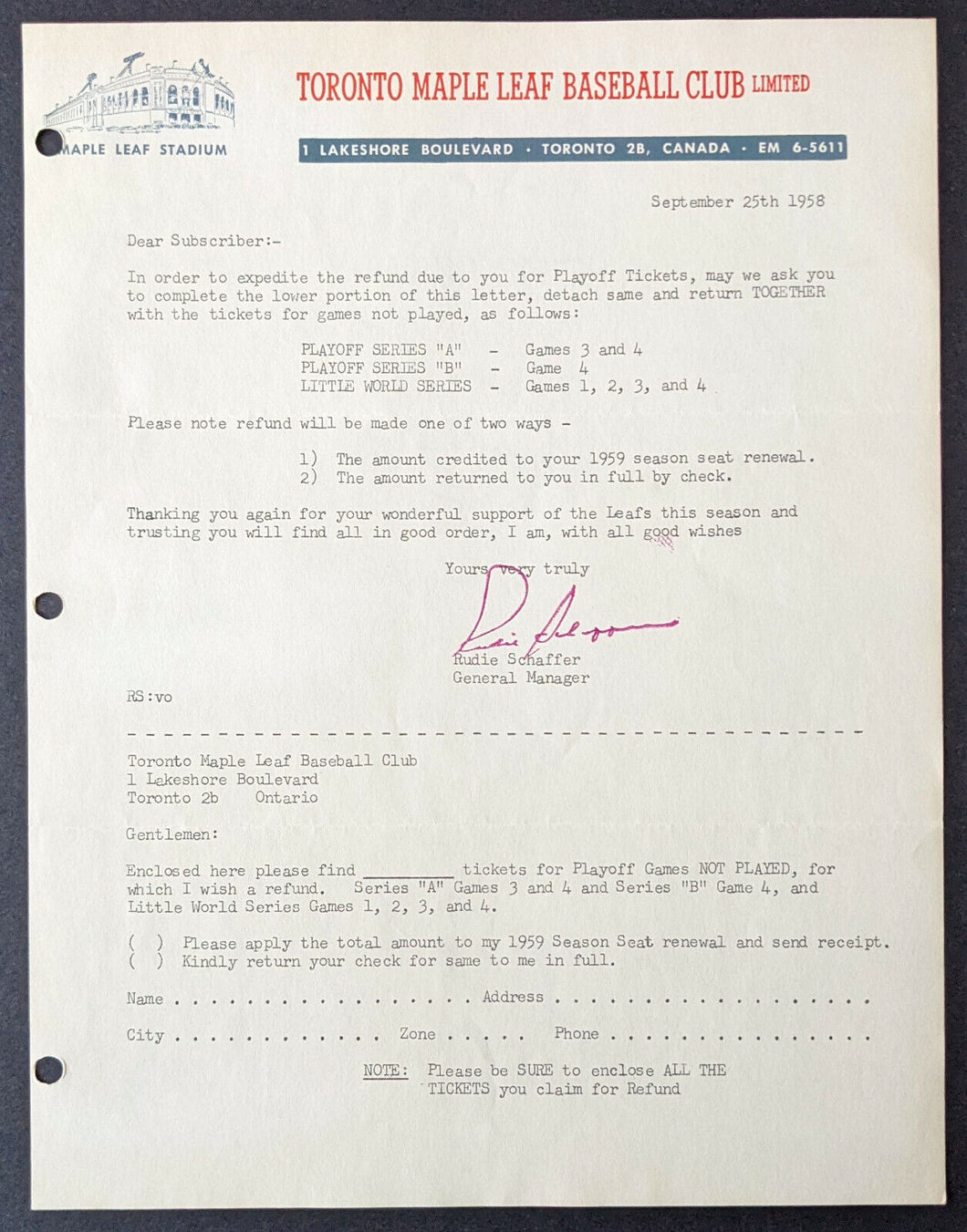 1958 Toronto Maple Leaf Baseball Club Order Form Playoff Tickets + Letter