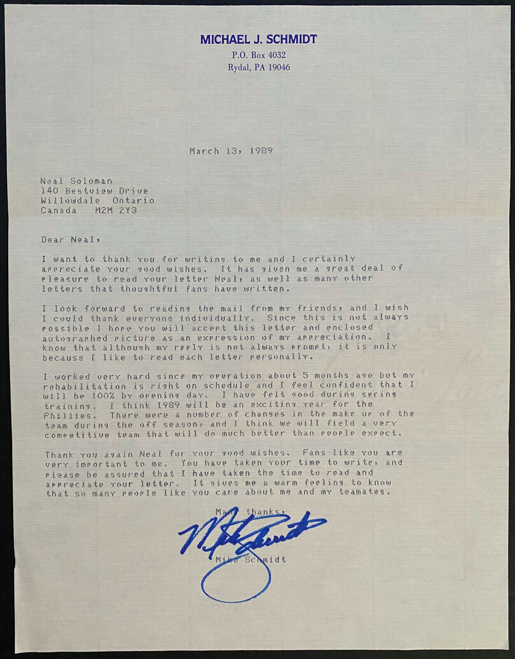 1989 Mike Schmidt Signed Autographed Letter Addressed To Fan MLB Baseball