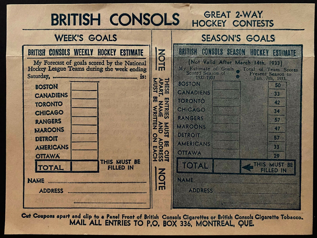 1932 British Consols NHL Hockey Contest Entry Form Unused Vintage Old Rare