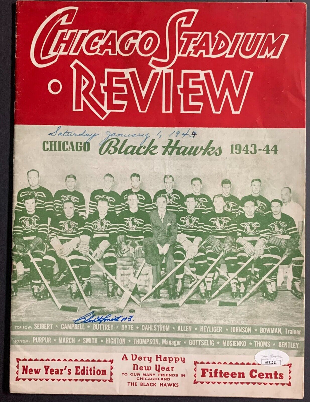 1944 Chicago Blackhawks Program Autographed Signed Clint Smith JSA NHL Hockey
