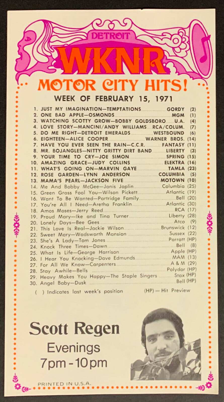 1971 WKNR Chart Radio Survey Detroit Motor City Music Temptations MOTOWN Osmonds