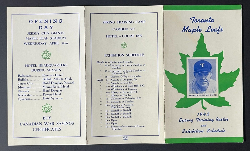 1942 Toronto Maple Leafs International League Baseball Spring Training Schedule