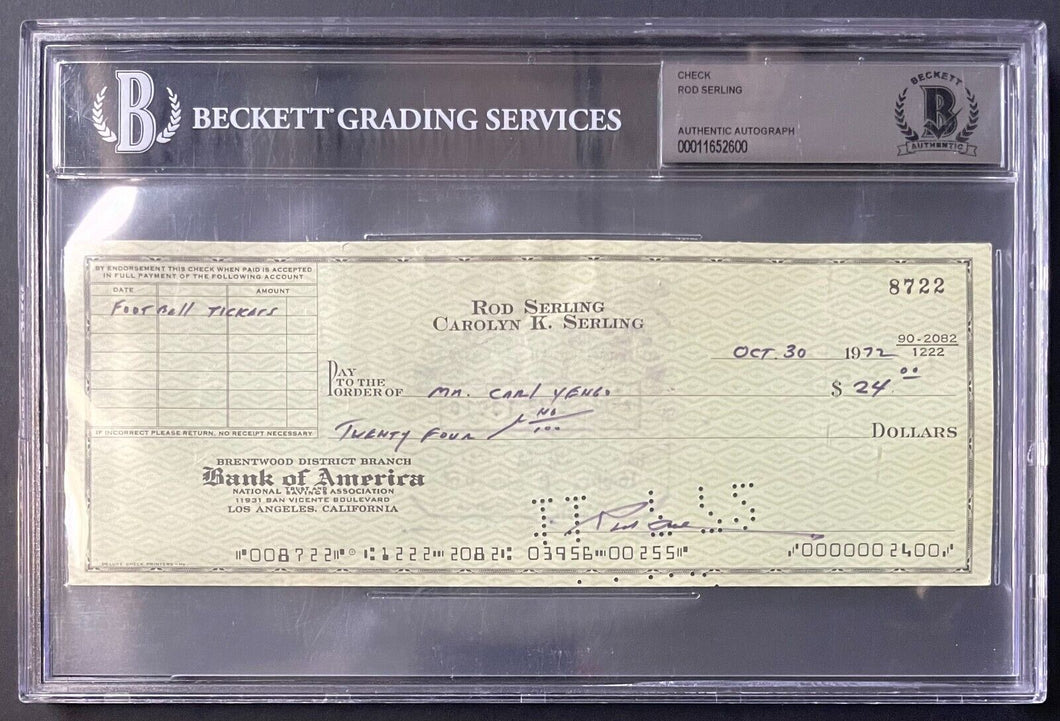 Rod Serling Autographed Signed Cheque Beckett Slabbed Authenticated Vintage