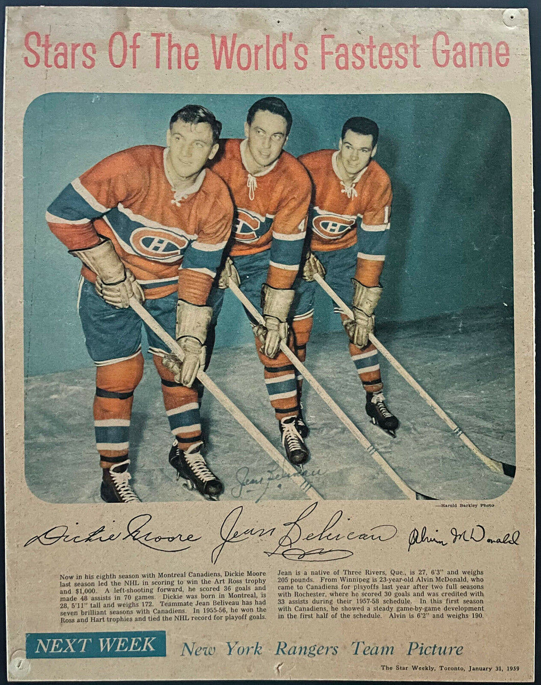 Jean Beliveau Signed 1959 Toronto Star Mounted Photo Vintage NHL Hockey