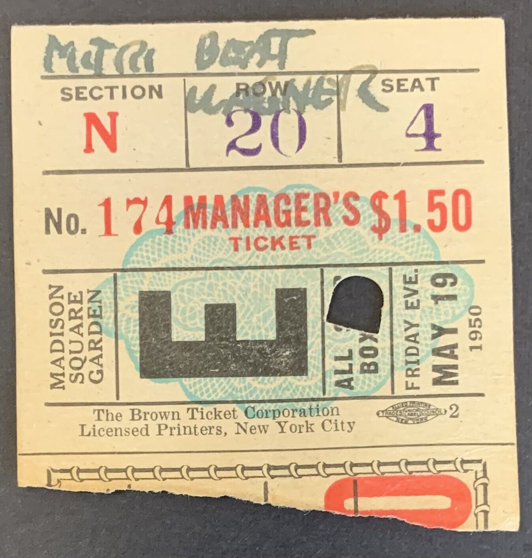 1950 Madison Square Garden Boxing Ticket Tiberio Mitri vs Dick Wagner Vintage