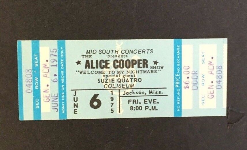 06/6/1975 Alice Cooper Concert Ticket Welcome To My Nightmare Suzie Quatro Vtg