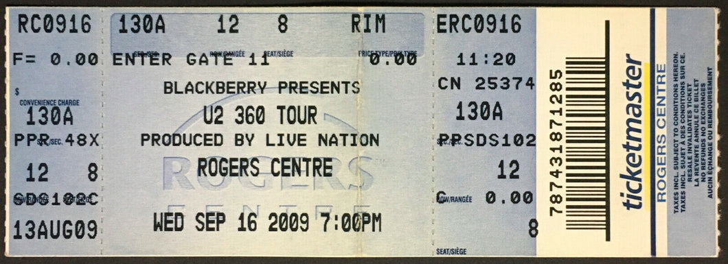 2009 U2 360 Tour Concert Ticket Rogers Centre Toronto Canada Vintage Unused