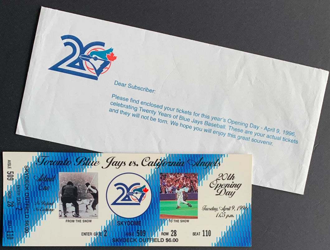 1996 Toronto Blue Jays 20th Anniversary Season Opening Day Full Ticket + Mailer