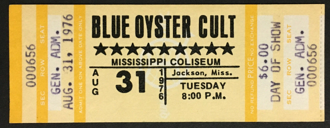 1976 Blue Oyster Cult Concert Ticket Mississippi Coliseum Unused Vintage Music